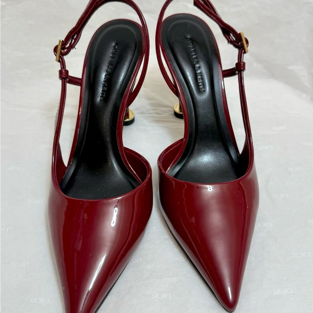 Charles & Keith Wynn Patent Slingback Heels Red Pointed Toe Sculptural EU 35 - Picture 2 of 8